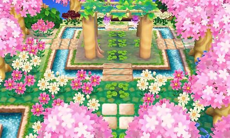 Cherry Blossom Garden, Wisteria Trellis, Town Inspiration, Acnl Paths, Garden Town, Animal Crossing Qr Codes, Motif Acnl, Animal Crossing 3ds, Ac New Leaf