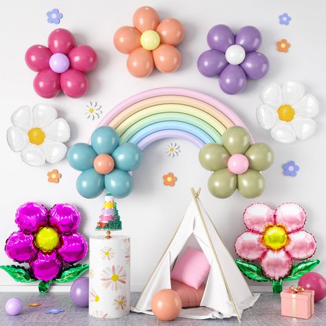 PRICES MAY VARY. Colorful Daisy Flower Balloons Garland Kit: 30pcs 10”balloons(retro red*6/retro bean paste*6/retro purple*6/retro blue*6/sage green*6),10pcs 5”balloons（purple*2/yellow*2/white*2/retro bean paste*2/pink*2),7pcs long balloons(pink*7/orange*1/yellow*1/green*1/blue*1/purple*1),2pcs 12''foil flower balloons(purple/pink),2pcs daisy balloons(white). Safe And Robust:Our balloons are made of premium natural latex and non-toxic aluminum molds, which are very safe and can be used by childr Daisy Birthday Decorations, Birthday Decorations Diy, Rainbow Birthday Decorations, Flower Balloons, Balloons Blue, Rainbow Themed Birthday Party, Flower Birthday Party, Daisy Birthday, Hippie Party