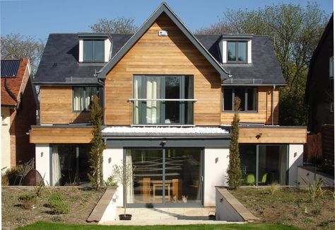 timber cladding picture Cedar Cladding House, Brick Extension, Renovation Exterior, Larch Cladding, Exterior House Remodel, Cedar Cladding, Self Build Houses, House Cladding, Bungalow Renovation