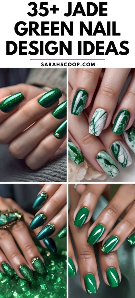 Explore Ultimate Jade Nail Designs for an Enchanting Look! 💚💅 #nailinspo #jadegreen Kelly Green Nail Ideas, Jade Green Nail Designs, Green Glitter Nail Designs, Jade Nails With Gold, Green Marble Nail Designs, Green And Gold Nail Designs, Jade Green Nails, Jade Nails Designs, Nails With Gold Accents