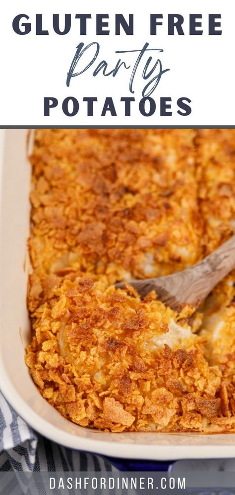 If you're looking for gluten free side dishes for special occasions, you NEED to try this recipe for Gluten Free Funeral Potatoes (AKA Hash Brown Casserole or Party Potatoes). Made with simple ingredients like shredded potatoes and cheese, this easy casserole recipe is perfect for holiday dinners (Thanksgiving, Christmas, Easter, etc), or even as a make ahead breakfast casserole! Gluten Free Sides For Christmas, Thanksgiving Recipes Side Dishes Gluten Free, Gluten Free Cheesy Potato Casserole, Gluten Free Cheese Potatoes, Gluten Free Cheesy Hashbrown Casserole, Gluten Free Pot Luck Dishes Easy, Gluten Free Potato Casserole, Gluten Free Sides For Thanksgiving, Gluten Free Vegetable Side Dishes