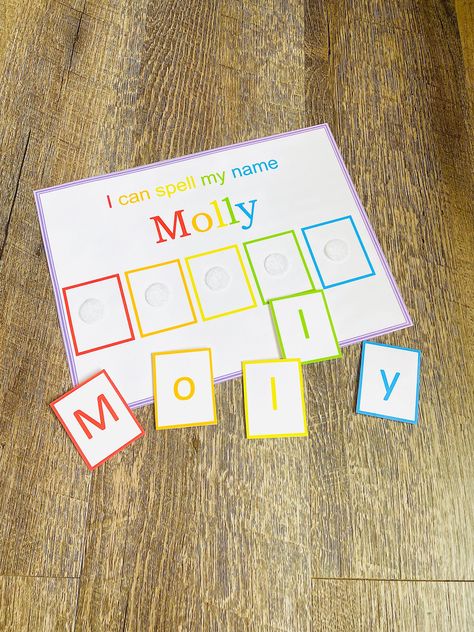 This personalized Name Recognition Learning Page is a fun, hands-on way for your child to practice learning their name. This educational name spelling learning game is perfect for little learners who are ready to learn how to practice spelling their name! The rainbow color letters helps your little one match the letters in their name more easily.    This learning game is perfect to add with other games and to add to a busy book for extended learning Two Year Old Name Recognition, Name Recognition Kindergarten, Pre K Name Recognition Activities, Hands On Alphabet Activities Preschool, Name Spelling Activities Preschool, Letter Recognition Games Preschool, Name Recognition Toddlers, Letter Recognition Games Kindergarten, Pre K Name Activities