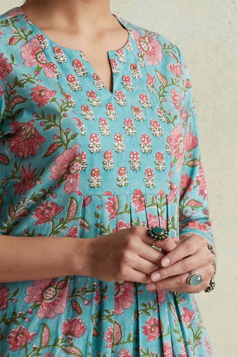 Kurta Designs Women Casual Cotton, Women Kurta Designs Style, Yoke Pattern Kurtis, Women Kurta Designs, Round Kurti, Block Printed Kurta, Farida Gupta, Kurti Fashion, Salwar Pattern