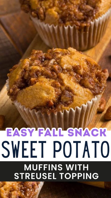 Indulge in fall flavor with these sweet potato muffins with streusel topping. Made with mashed sweet potatoes and topped with a crunchy pecan streusel, these muffins are the perfect blend of sweet and savory. Ideal for breakfast or a cozy snack, these muffins are moist, tender, and deliciously spiced with cinnamon. A must-try recipe for the season! Sweet Potato Pie Muffins, Sweet Potatoes Muffins, Sweet Potato Bread Recipe Easy, Sweet Potato Muffins Recipes, Leftover Sweet Potato Recipes, Sweet Potato Breakfast Recipes, Sweet Potato Breakfast Casserole, Pecan Streusel Topping, Sweet Potato Muffin Recipe