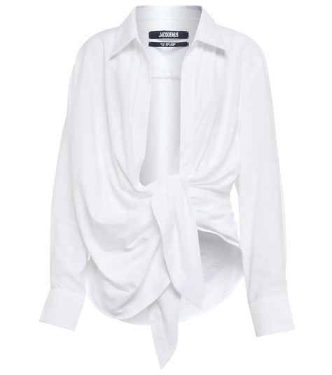 Jacquemus - La Chemise Bahia tie-detail shirt | Mytheresa Twill Shirt, Citizens Of Humanity, Jeans Boyfriend, White Design, Asymmetric Hem, Boyfriend Jeans, Long Sleeve Tops, Long Sleeve Blouse, Luxury Fashion