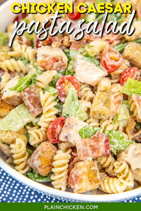 Chicken Caesar Pasta Salad Recipe - tender chicken, pasta, romaine lettuce, tomatoes, bacon, parmesan, and croutons toss in a creamy caesar dressing. It's perfect for lunch, dinner, or a potluck. Easy to make and sure to be a crowd-pleaser. Recipes For Potlucks, Main Dish Salads Meals, Caesar Pasta Salad, Summer Lunches, Plain Chicken Recipe, Chicken Pasta Salad Recipes, Vegetable Pasta Salads, Summer Pasta Salad Recipes, Slow Cooker Potato Soup