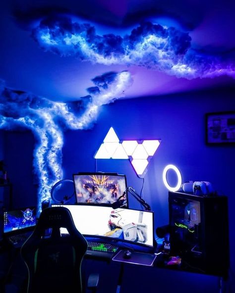 Rate this blue setup 1 to 10 💙🥰 📸 Credit: @rainamcclure353_ 🎮Follow @rainamcclure353 setups ⁠ 👀Check our stories for alerts on secret contests, discounts, and exclusive community events not shown in our posts. 😎Tag us on your gaming setup post to be featured on our page! ____________________________ ⁠ Small Cinema Room, Small Theatre Room Ideas, Games Room Inspiration, Gamer Bedroom, Game Setup, Best Gaming Setup, Hangout Room, Video Game Room Design, Video Game Rooms