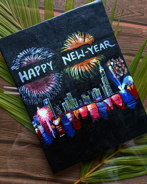 Easy new year acrylic painting Happy New Year Painting Canvas, Happy New Year Painting Ideas Canvas, New Year Canvas Painting Ideas, New Years Eve Painting, New Year Painting Ideas, New Years Painting, New Year Painting, Painting With Acrylic Colours, Painting Ideas Canvas