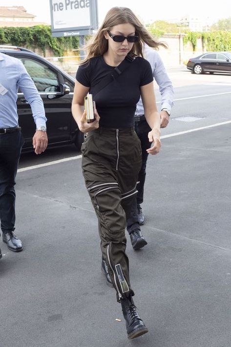 Gigi Hadid Can't Stop Wearing Doc Martens – Gigi Hadid Dr ... How To Wear Doc Martens, Dr Martens Boots Outfit, Gigi Hadid Hot, Dr Martens Outfit, Gigi Hadid Style, Effortlessly Chic Outfits, Hadid Style, Milan Italy, Gigi Hadid