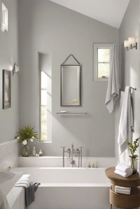 Step into your professionally painted bathroom oasis with BM Silver Satin (856) on the walls, exuding sleek elegance. Discover the daily routine of an interior designer for ultimate inspiration! #Ad #homedecor #homedesign #bathroom #Painthome interiorarchitecture best Wall Colors for Bathroom Colors Bright Room Colors best colors combinations bathroom bathroom Remodeling Modern Paint Colors 2024 Grey Bathroom Color Schemes, Bm Silver Satin, Neutral Bathroom Paint, Neutral Bathroom Paint Colors, Benjamin Moore Bathroom Colors, Grey Beige Paint, Bright Room Colors, Bathroom Cabinet Colors, Best Bathroom Paint Colors