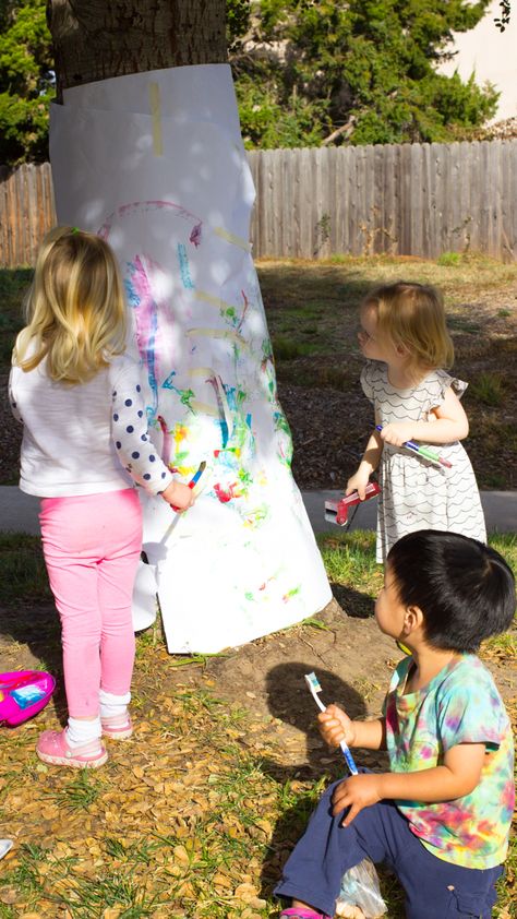 Tree Painting with Preschoolers and Toddlers- Such a fun outdoor art activity that young kids will love! Pink Tree Painting, Painting With Toddlers, Nanny Activities, Painting Colour, Toddler Painting, Nature School, Pink Tree, Painting Activities, Toddlers And Preschoolers