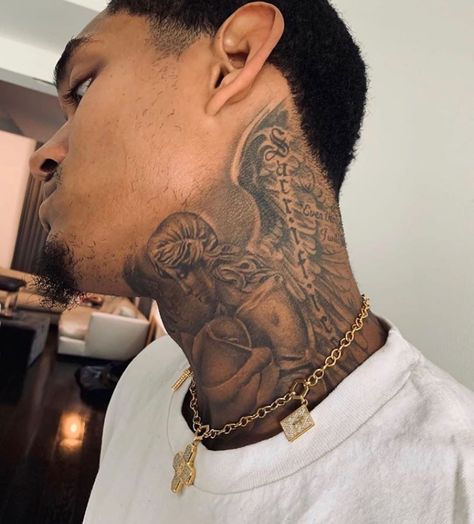 NBA Tattoos on Instagram: “👼🏼 @jordanclarksons has this super detailed huge neck piece. The tattoo included the word “Sacrifice” and a huge angel and wings. This is…” Biblical Neck Tattoos, Neck And Throat Tattoos Men Hood, Half Neck Tattoo, Black Men Tattoo Ideas, Middle Neck Tattoo Men, Neck Tattoo For Guys Black Men, Men’s Neck Tattoos, Neck Tats For Guys, Men Neck Tattoo Ideas