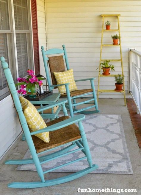 Fun front porch makeover for Spring: Small Front Porch Seating, Farmhouse Front Porches Decorations, Front Porch Seating Ideas, Farmhouse Front Porch Decorating, Front Porch Seating, Small Porch Decorating, Front Porch Makeover, Rocking Chair Porch, Summer Front Porches