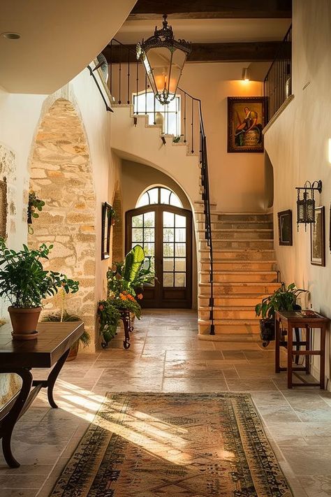 Traditional Houses Interior, Spanish House Interior Living Room, Mediterranean House Designs Interiors, House Interior Elegant, Earth Style Home, House Mediterranean Interior, Spain Home Decor, Mediterian Houses Interior, Portuguese House Interior Design