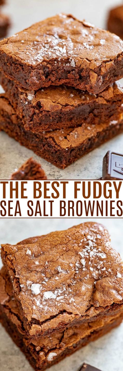 The Best Fudgy Sea Salt Brownies - Averie Cooks Sea Salt Brownies, Cocoa Powder Brownies, Averie Cooks, Chocolate Pairings, Food Addict, Homemade Dessert, Sweets Candy, Brownie Toppings, Dessert Simple