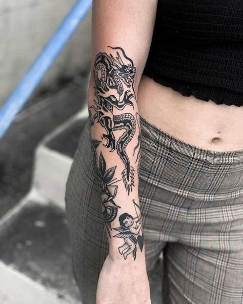 Dragon Forearm Tattoo, Traditional Tattoo Dragon, Forearm Flower Tattoo, Small Forearm Tattoos, Dragon Sleeve Tattoos, Dragon Tattoo For Women, Traditional Tattoo Sleeve, Forearm Tattoo Women, Beautiful Tattoo