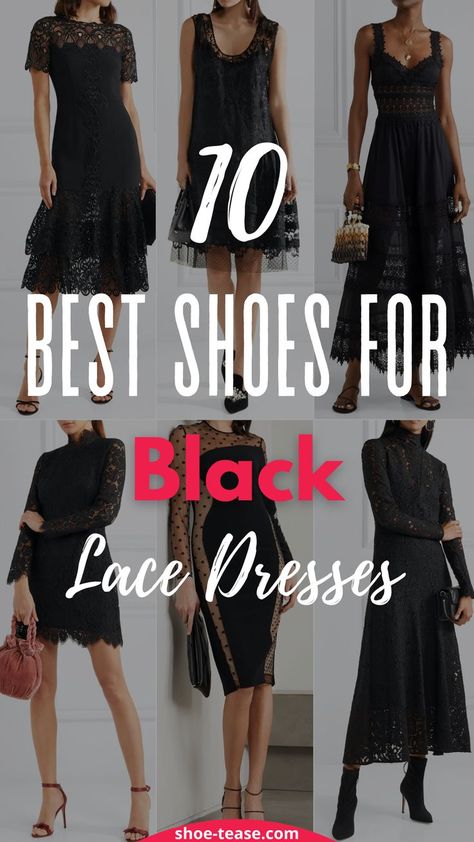 White and pink caption reading: "10 best shoes for black lace dresses" over darkened image of 6 models wearing different black lace dresses and shoes. Black Lace Cocktail Dress Classy, Black Lace Dress For Wedding Guest, Halloween Lace Dress, Sandals For Black Dress, Black Lace Dress Outfit Winter, Short Black Dress Wedding Guest, Black Dress Assessories Wedding, Black Dress Cocktail Outfit, Black Lace Dress With Boots