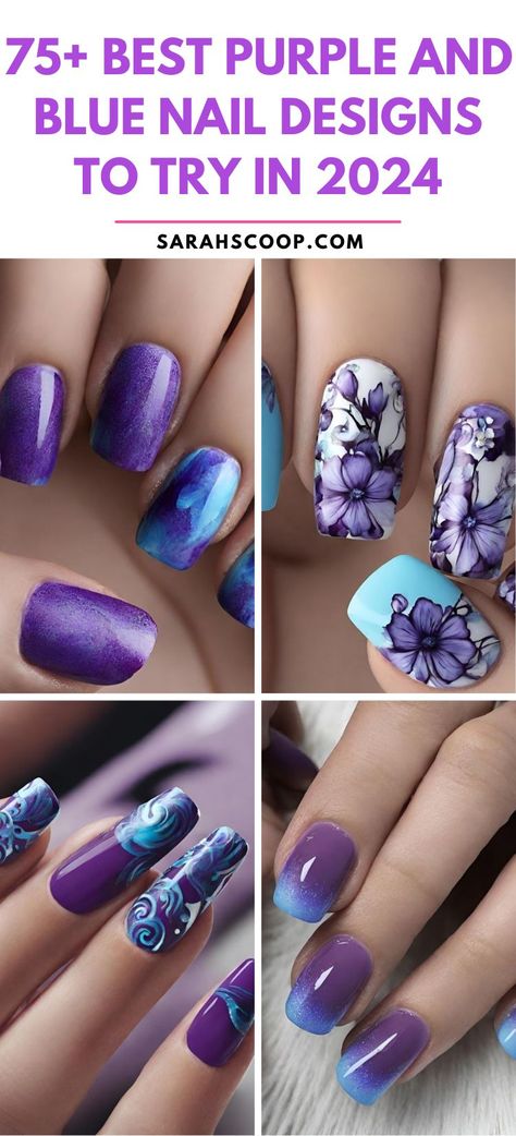 Explore over 75 of the most stunning purple and blue nail designs you absolutely have to try. Stand out and make a statement - your nails deserve it! 💅💙💜 #naildesign #nailart #nail Purple Tropical Nails, Purple Sunflower Nails, Blue Purple Nails Ideas, Purple Tie Dye Nails, Purple Flower Nail Designs, Purple And Blue Nails Ideas, Purple And Teal Nails Designs, Blue And Purple Ombre Nails, Purple And Blue Nails Designs