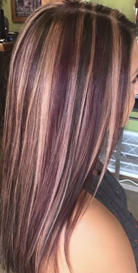 Purple Stripes In Brown Hair, Blond And Purple Highlights On Brown Hair, Purple Hair Highlights On Brown Hair, Subtle Hair Dye Ideas For Blondes, Underdye Hair With Highlights, Hair Dye Ideas For Brunettes Highlights, Purple Chunky Highlights Brown Hair, Dark Purple And Blonde Hair, Purple With Blonde Highlights