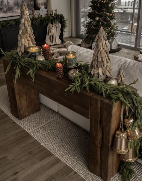 Sofa Table Behind Couch Christmas Decor Ideas, Christmas Media Console Decor, Christmas Decor Ideas Console Table, Ubud Console, Christmas Console Table Decor, Behind Couch Decor, Christmas Decir, Decor Behind Couch, Willow Tree Nativity