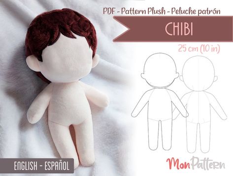 CHIBI Human Doll Plush 25 Cm PDF Sewing Pattern Digital - Etsy Mexico Plush Template, Chibi Plush, Human Doll, Sewing Templates, Doll Plushies, Plushie Patterns, Sewing Stuffed Animals, Doll Sewing Patterns, Spanish English