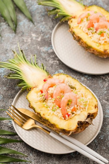 Free photo high view pineapple on plate ... | Free Photo #Freepik #freephoto #ananas #pineapple #nutrition #healthy-nutrition Pineapple Fried Rice, Cooking Jasmine Rice, Small Tomatoes, Rice Ingredients, Food Combining, Exotic Food, Jasmine Rice, Bright Side, Fried Rice