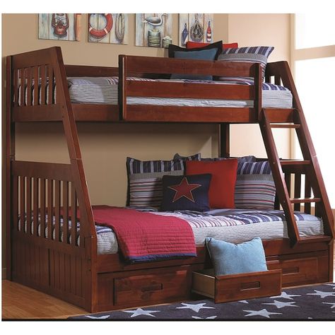 You can sleep three is this beautiful merlot twin over full bunk bed with fixed ladder. Under bed drawers may be added too. Twin Full Bunk Bed, Bunk Bed With Desk, Modern Bunk Beds, Twin Over Full Bunk Bed, Bunk Beds With Drawers, Wooden Bunk Beds, Full Bunk Bed, Bunk Rooms, Cool Bunk Beds