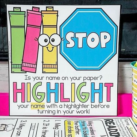 Teresa Potosky on Instagram: "Tired of “no name” papers being handed in? Then this classroom management tip is for you! ⭐️ Have your students HIGHLIGHT their names before putting work in the turn-in bin. It’s *fun* (at least I think so 😜) and students will love getting to choose a highlighter color! This cute sign is a FREEBIE for you to place in your classroom… head to the link in my profile to grab it or leave a comment and I’ll send it to you!" Classroom Management Tips, Cute Signs, Shop Ideas, Send It, Management Tips, No Name, My Profile, Classroom Management, Highlighter