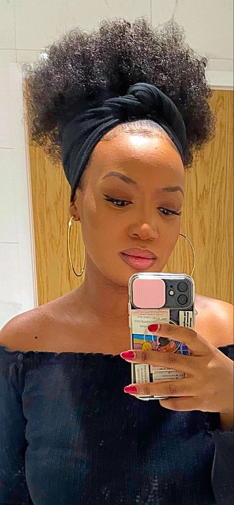 Headwrap, black girl, melanin, Afro puff, iPhone 12, off shoulder,hoop earrings, black girl outfit, red nails, pink lipstick, lip gloss, black girl style, black girl fashion, black girl aesthetic High Afro Puff Hairstyles, High Puff Head Wrap, Puff Hairstyles, Afro Puff Hairstyles, Hair Puff, Head Wrap Styles, Hair Remedies For Growth, Afro Puff, Hair Ponytail