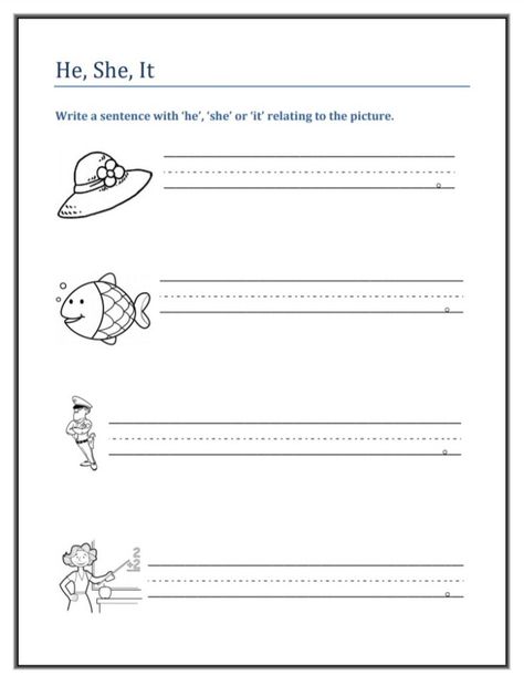 Kindergarten worksheets focusing on he, she, & it. He She It Worksheet, Personal Pronouns, A Worksheet, Unschooling, Pre Writing, Kindergarten Worksheets, Grammar, Kindergarten, Preschool