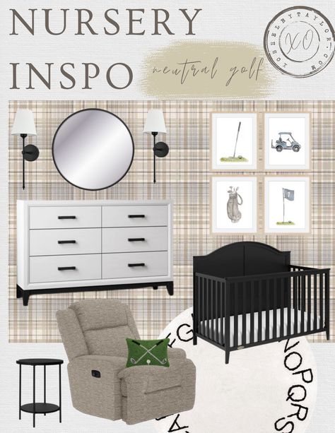 Neutral modern nursery decor mood board with plaid wallpaper and golf prints! #nursery #babyboy Golf Themed Nursery Ideas, Vintage Golf Nursery Baby Boy, Baby Boy Nursery Golf Theme, Vintage Golf Nursery, Golf Nursery Baby Boy, Neutral Modern Nursery, Golf Nursery, Decor Mood Board, Nursery Design Board