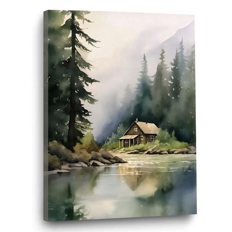 PRICES MAY VARY. 【Size】the size of natural scenery canvas wall art is 16x24inch, and there is no frame. You can prepare a 16x24inch wooden frame to assemble by yourself, and fully enjoy the fun of DIY. 【Quality】colorful landscape art , using high-quality environmental protection ink and high-quality UV-resistant and fade-resistant canvas, with delicate colors and natural transition, which brings you visual enjoyment. 【Gift】natural mountain picture is a good gift choice. You can give it to your f Cabin Painting, Tahoe Lake, Canada Landscape, Mountain Pictures, Forest Cabin, Painting Minimalist, Mountain Forest, Scenery Paintings, Landscape Watercolor