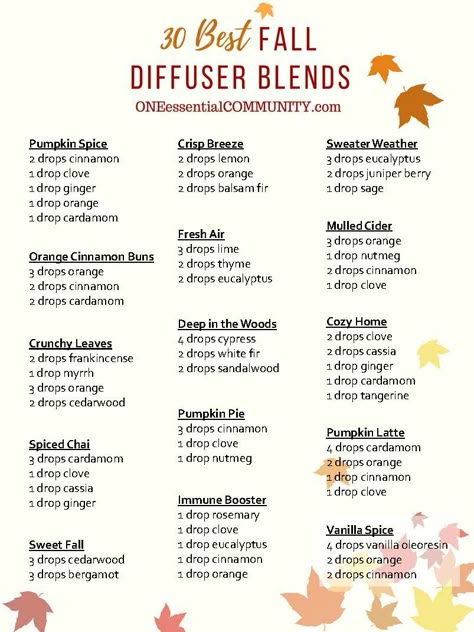 30 Best Fall Diffuser Blends (Part1) Fall Essential Oil Diffuser Blends, One Essential Community, Fall Essential Oil Blends, Fall Essential Oils, Fall Diffuser Blends, Essential Oil Combinations, Doterra Essential Oils Recipes, Essential Oil Diffuser Blends Recipes, Young Living Essential Oils Recipes