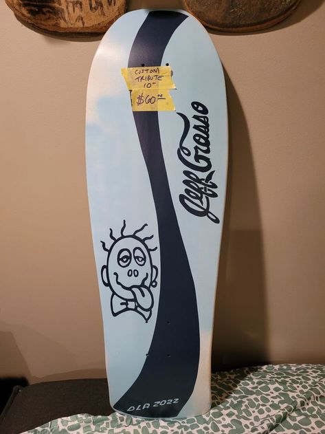 I bought a blank Grosso shaped deck. It is painted light blue with navy tribute graphics, spray painted, clear coated. Jeff Grosso. Custom skateboard. Custom Skateboards, Skateboard Art, Spray Paint, Art Classes, Surfboard, Skateboard, Light Blue, Spray, Navy