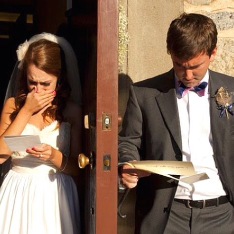 The bride and groom reading handwritten letters from each other, separated only by a door, just minutes before becoming Mr. and Mrs. Wedding Planning Quotes, Private Vows, Before The Wedding, When I Get Married, Wedding Wishes, Fairytale Wedding, Here Comes The Bride, Wedding Pics, Wedding Bells