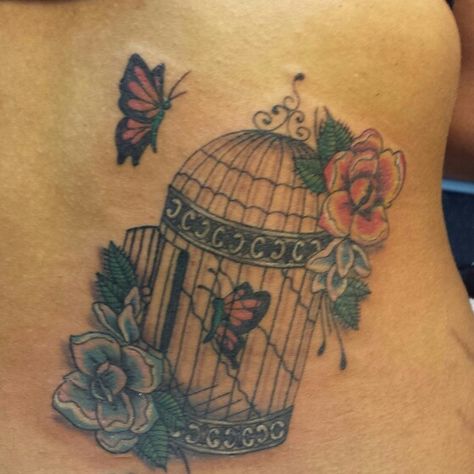 Bird cage, butterfly,  flower tattoo Birdcage Tattoo, Sparrow Tattoo Design, Cage Tattoo, Cage Tattoos, Flying Bird Tattoo, Sparrow Tattoo, Butterfly Tattoos For Women, Best Tattoos For Women, Flower Tattoo Arm