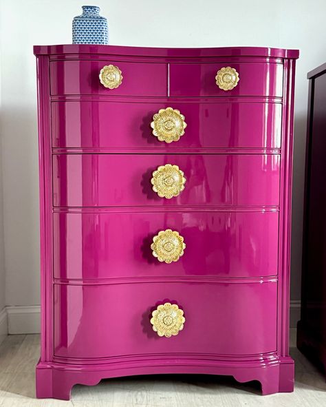 Which corner in your home could use a little pop of personality? This beautiful vintage hot pink serpentine tallboy is a vibrant addition to any room. Ready to ship immediately! Swipe to see it up close and tap the images to shop! #tallboy #serpentinedresser #hotpink #vintagefurniture #lacquerfurniture #lacqueredfurniture #lacquerlovers #interiorstyling #interiordesigntrends #furnitureflip #vintagefurniture #handmadefurniture #handmade Serpentine Dresser, Refinished Vintage Furniture, Side Table Accessories, Lacquer Furniture, High Gloss Paint, Dining Room Buffet, Vintage Bedroom, Furniture Renovation, Sideboard Console