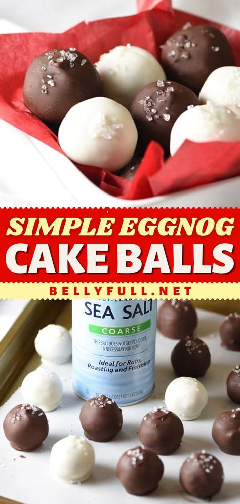 Don't miss out on this holiday recipe for all your entertaining! It's so easy with a make ahead option. Coated in chocolate and finished with sea salt, these Eggnog Cake Balls are the perfect bite-sized Christmas dessert for your party! Eggnog Cake Balls, Bite Size Christmas Desserts, Chocolate Cake Balls, Cute Christmas Desserts, Easy Dessert Recipes Christmas, Eggnog Cake, Cake Ball Recipes, Christmas Desserts Easy, Different Cakes