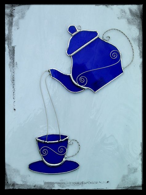 Stained Glass Tea Cup, Stained Glass Teapot, Mosaic Teapot, Window Corner, Glass Art Pictures, Stained Glass Decor, Blue Cobalt, Stained Glass Ornaments, Glass Tea Cups