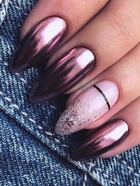 Chrome Matte And Glitter Nails, Trendy Chrome Nails 2023, Chrome Gel Nail Designs, Matte And Chrome Nails Design, Nail Designs With Chrome Powder, Metallic Dip Powder Nails, Valentine Chrome Nails, Valentines Chrome Nails, Chrome Powder Nails Designs