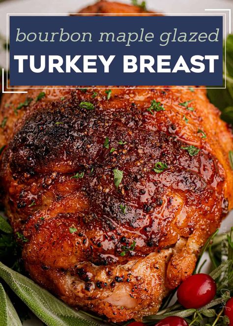 This boneless turkey breast is slathered in a sweet and savory bourbon maple glaze then roasted until crispy on the outside and moist and tender inside. Then it all comes together with a cider bourbon gravy that you'll want to pour on everything! Perfect for your Thanksgiving or other holiday dinners! Maple Bourbon Turkey Brine, Maple Bourbon Glazed Turkey, Bourbon Glazed Turkey, Bbq Turkey Recipes, Butterball Turkey Roast Recipes, Different Ways To Cook A Turkey, Turkey Breast For Thanksgiving, Thanksgiving Turkey Recipes Crockpot, Healthy Thanksgiving Turkey