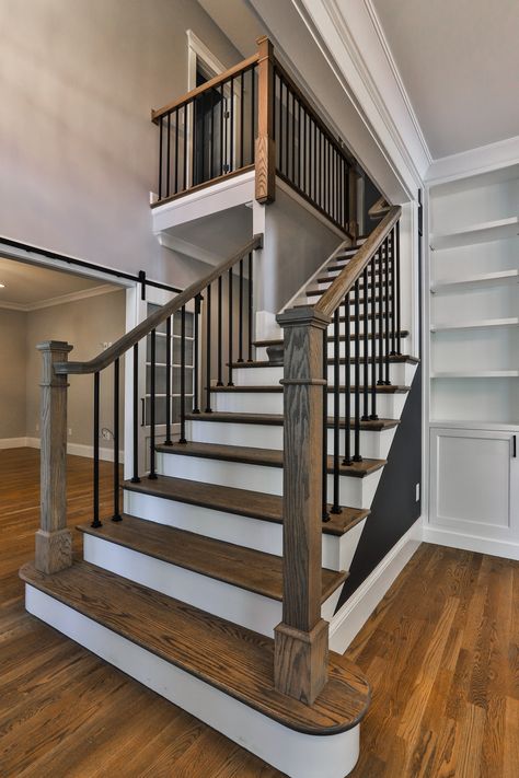 Dark Hardwood Stairs, Oak Floor Stains, Grey Hardwood Floors, White Baseboards, Grey Hardwood, White Stairs, House Repair, Hardwood Stairs, Handrail Design