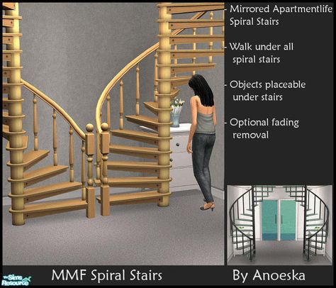 A new Maxis More Function set: Mirrored versions of the spiral stairs from AL, fully animated ofcourse. The 3 new + the 3 original spiral stairs are modified: sims can walk under the highest part... Stairs Apartment, Sims 4 Functional, Build Stairs, Loft Staircase, Building Stairs, Flooring For Stairs, Metal Stairs, Concrete Stairs, Stairs Architecture