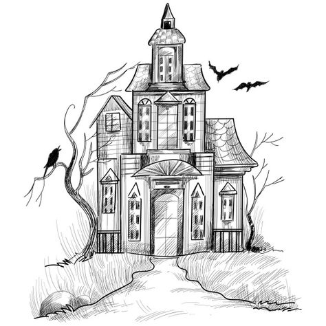 Haunted House Drawing, Pencil Drawing Inspiration, Haunted Images, Umbrella Drawing, Globe Tattoos, Castle Drawing, Scary Houses, Pencil Drawings Of Flowers, Spooky House