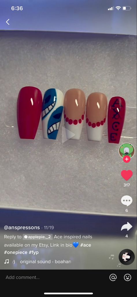 One Piece Acrylic Nails, Ace Nails One Piece, Ace One Piece Nails, Simple Anime Nail Designs, Anime Inspired Nails One Piece, Ace Nails Designs, One Piece Nails Design, Anime Inspired Nails Simple, Jjk Nail Ideas