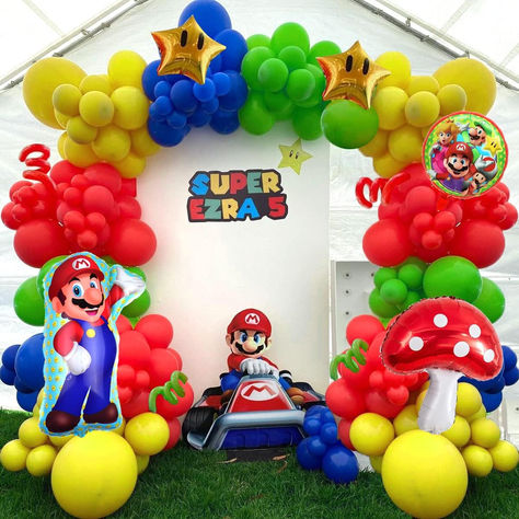 143 Pieces Total:12 latex balloons(12 in), 60 latex balloons(10 in),60 latex balloons(5 in),4pcs long balloons,2pcs Mario Foil Mylar Balloons,2 pcs star Foil Balloons,1pcs mushroom Foil Balloons,1 pcs balloon strip, 1 pc roll glue dots Mario Themed Party, Mario Bros Birthday Party Ideas, Super Mario Bros Birthday Party, Mario Bros Birthday, Mario Bros Party, Super Mario Birthday Party, Balloon Arch Kit, Mario Birthday Party, Kids Birthday Party Decoration