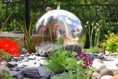 Silver Ball Water Feature, Globe Water Feature, Ball Water Feature, Sphere Water Feature, Country Cottage Garden, Garden Spheres, Garden Water Feature, Diy Garden Fountains, Fountains Backyard