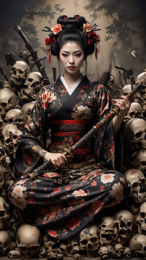 Female Samurai Tattoo, Female Samurai Art, Japanese Geisha Tattoo, Geisha Tattoos, Samurai Girl, Japanese Art Samurai, Mary Tattoo, Female Samurai, Geisha Tattoo