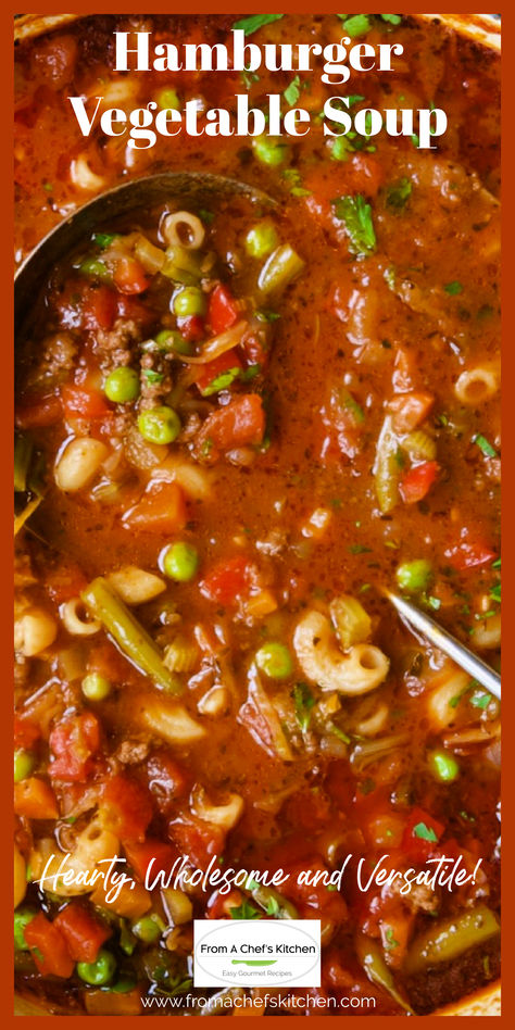 Hamburger Vegetable Soup in cast iron Dutch oven. Hamburger Macaroni Soup, Classic Hamburger, Hamburger Vegetable Soup, Macaroni Soup, Vegetable Soup Recipe, Bean Pasta, Hamburger Soup, Small Pasta, Vegetable Soup Recipes