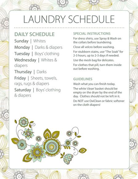 Laundry Schedule - I would modify, but I really like the concept here! Cleaning House Schedule, Stain Removal Chart, Laundry Rooms Ideas, Baby Poop, Laundry Schedule, House Schedule, Household Notebook, Laundry Tips And Tricks, House Cleaning Hacks